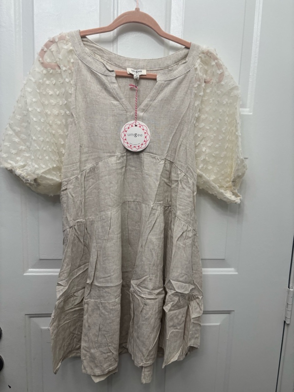 Umgee Cream Tiered Midi Dress with Sheer Puff Sleeves Linen/Cotton Blend M
